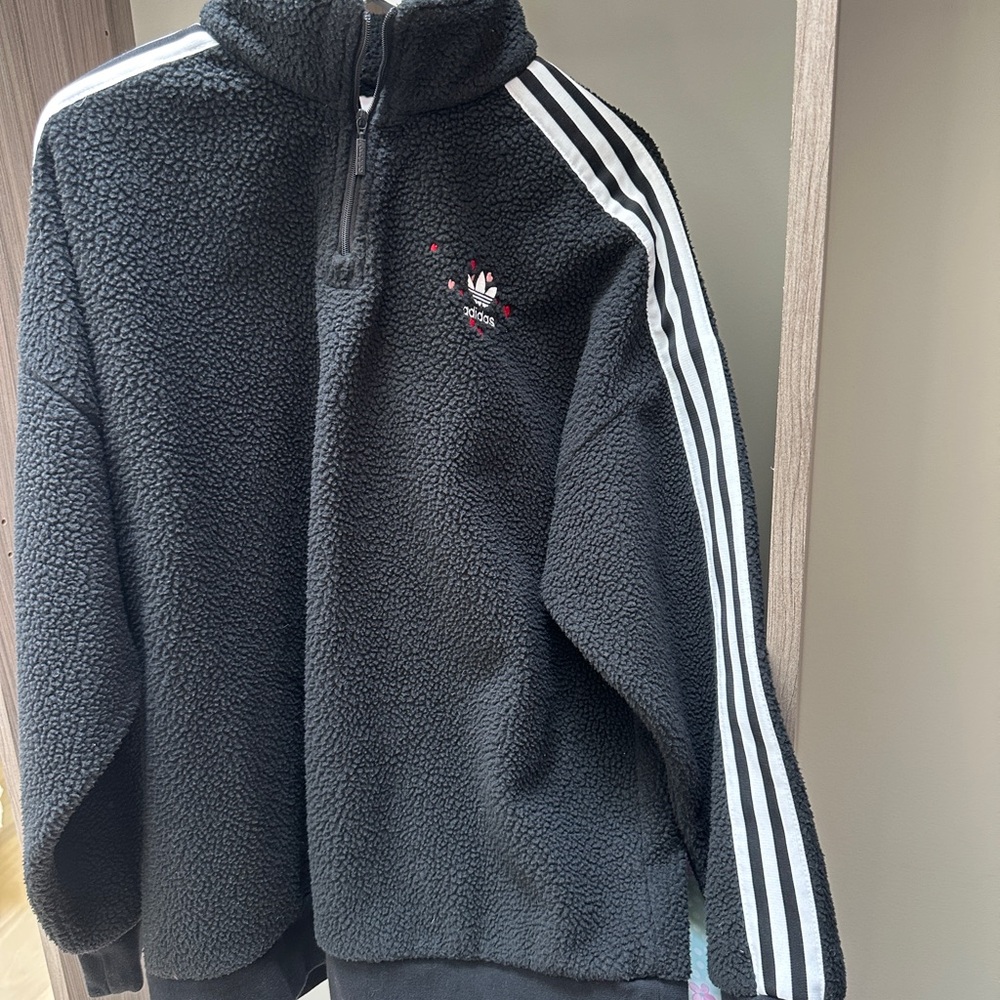 adidas Black Sherpa Fleece Pullover with White Trefoil Tag - Picture 4 of 5